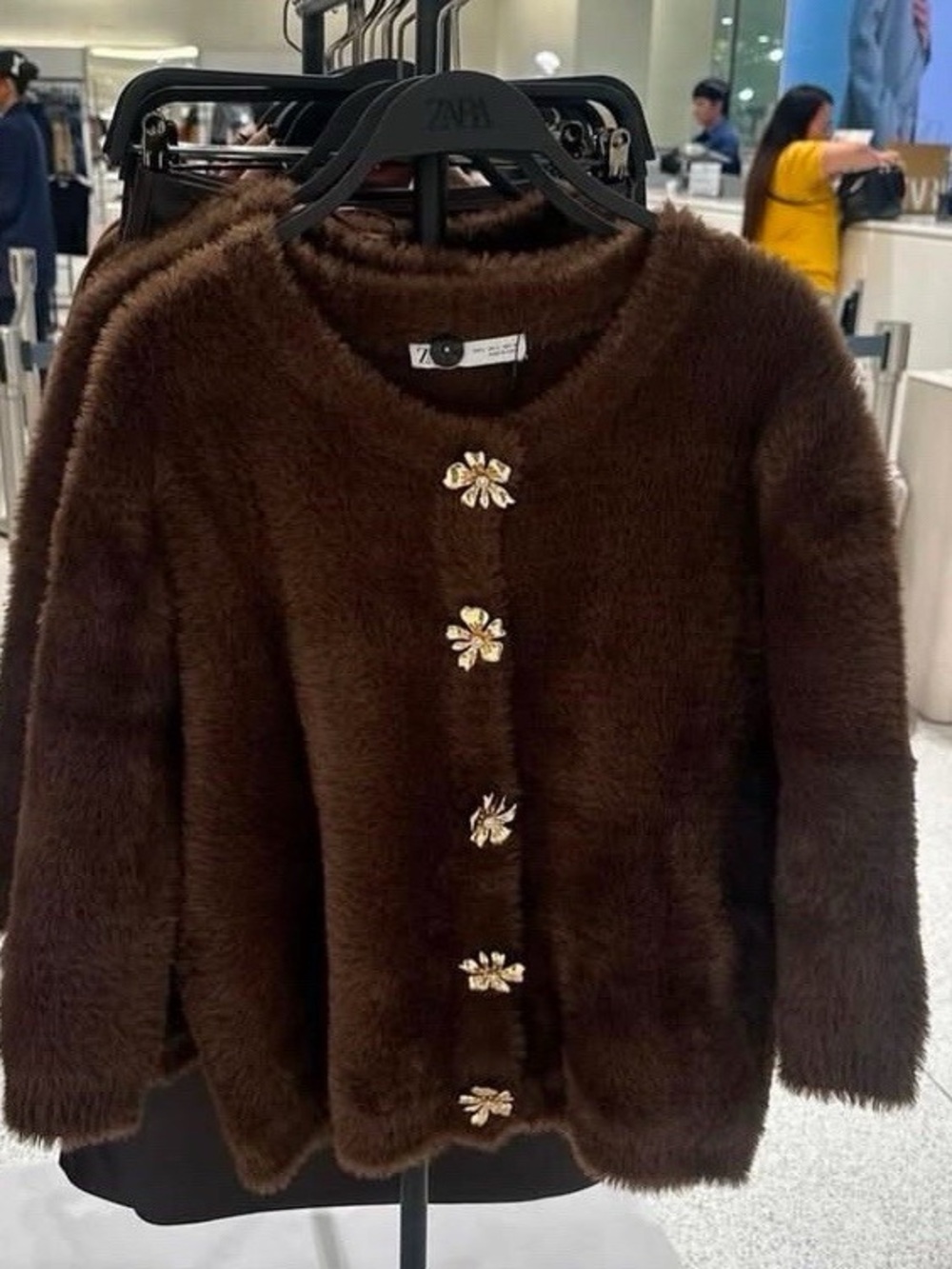 Zara Brown Faux Fur Cardigan with Floral Jewel Buttons